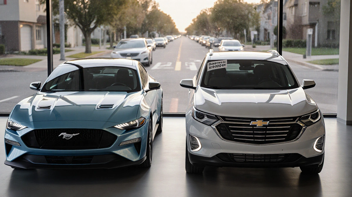 Ford Mustang Mach-E and Chevrolet Equinox EV parked side by side with affordable electric car pricing showing under thirty th