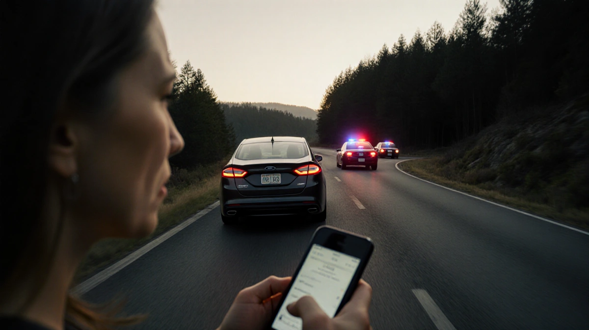 A Ford sedan speeds down a winding road with police cars approaching in the distance