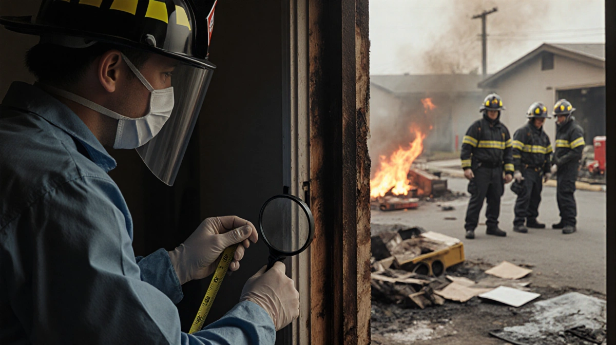 Forensic investigator examining charred door frame with magnifying glass and measuring tape while LAFD arson team works in ba
