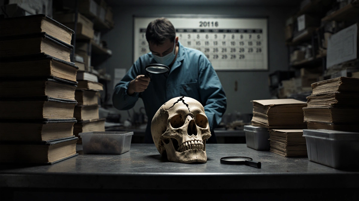 Forensic investigator examining cracked skull with magnifying glass and timeline showing decade of Garcia cold case