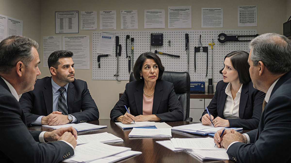Anita Thompson sits at head of table reviewing forensic documents with family and former officers and scattered files.