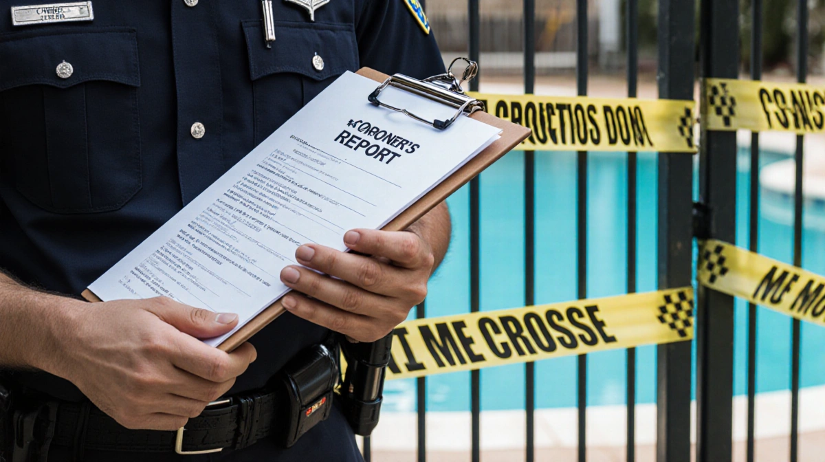 Police investigator holding clipboard with coroner's report standing by pool fence with crime scene tape
