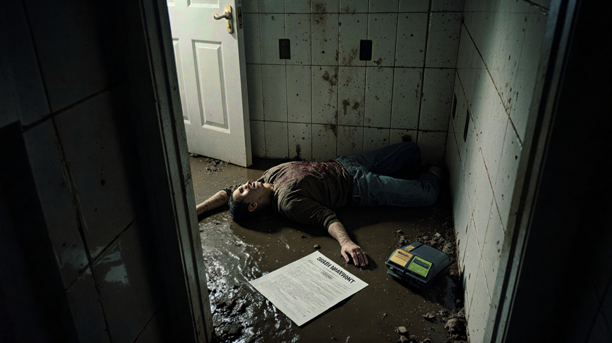 Body lies face-down in mud with forensic kit near and faint light from bathroom door