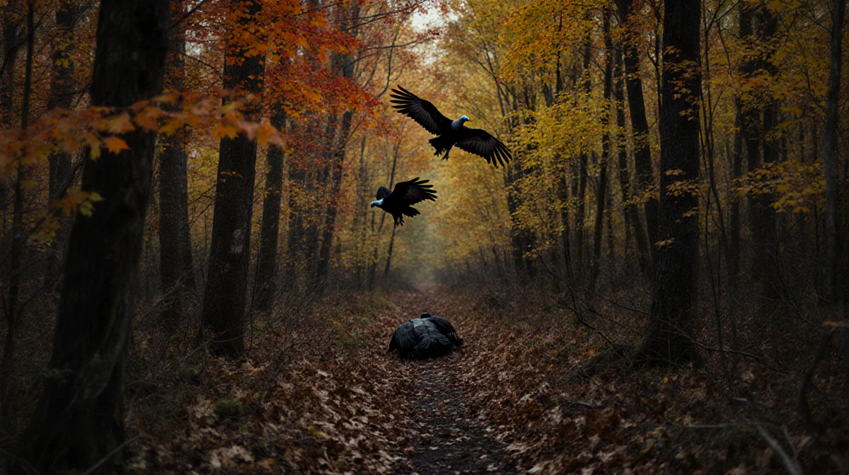 Turkey vultures circle above autumn forest with Stuart's body partially hidden beneath fallen branches and colorful leaves