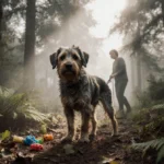 Scruffy dog stands on hind legs in misty forest clearing with rescue volunteer holding leash and scattered treats nearby