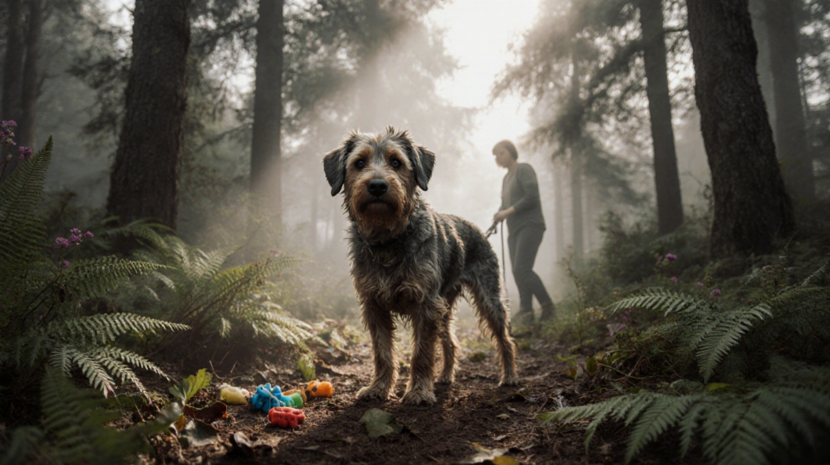Scruffy dog stands on hind legs in misty forest clearing with rescue volunteer holding leash and scattered treats nearby