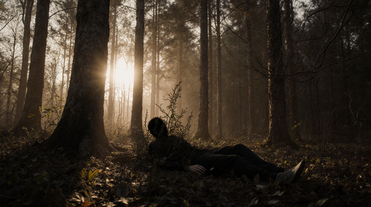 Dark shape lying on forest floor with golden dusk light filtering through tall trees and hidden shadows