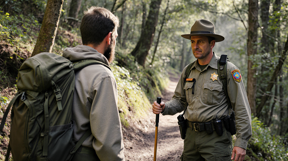 Forest ranger Jeffery standing on a trail with dappled sunlight watching a disoriented hiker.