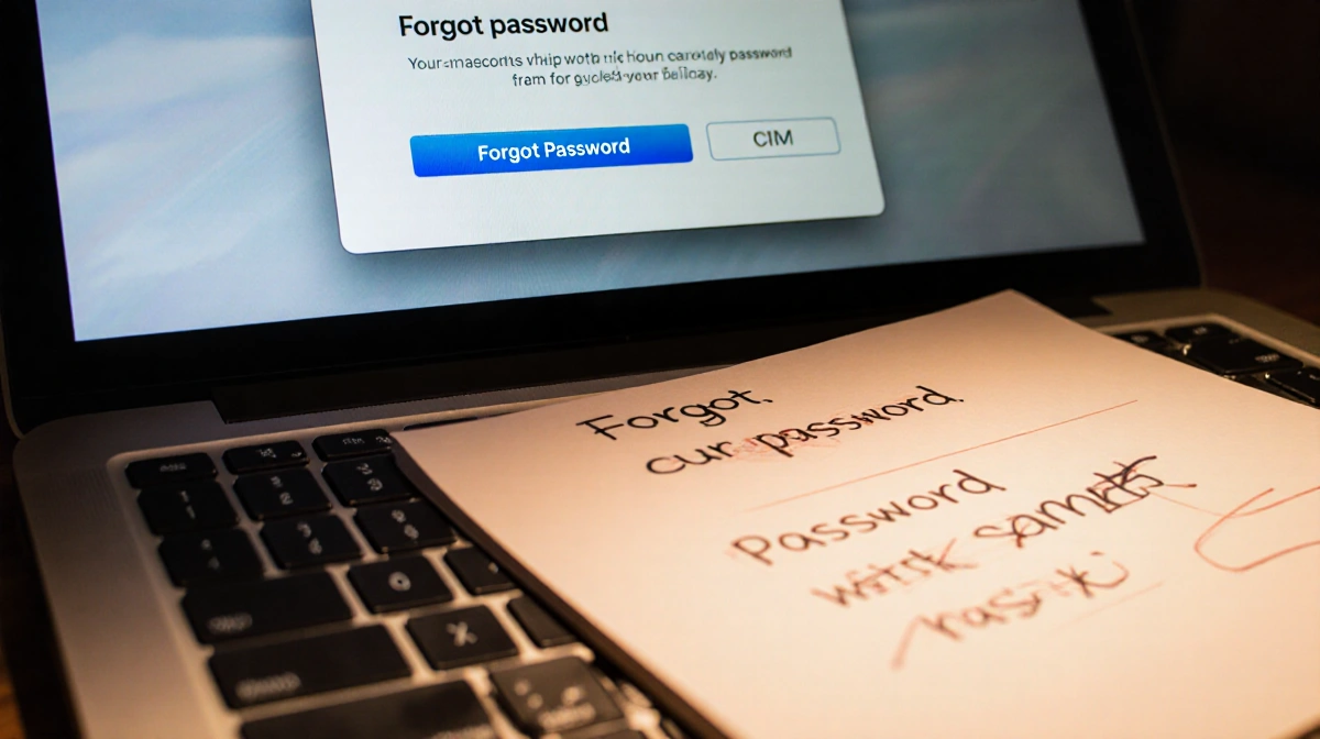 MacBook login screen showing forgot password link with keyboard and notepad nearby