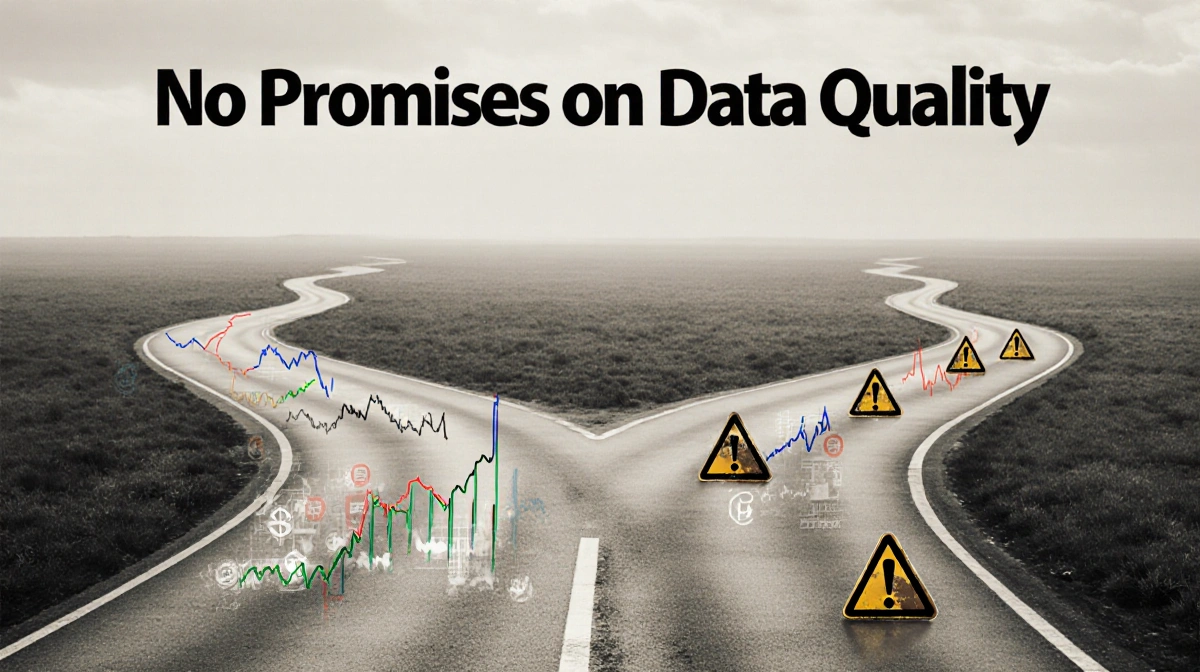 A forked road splits between a faded path with rising stock charts and a shadowy route with scattered stock symbols showing t