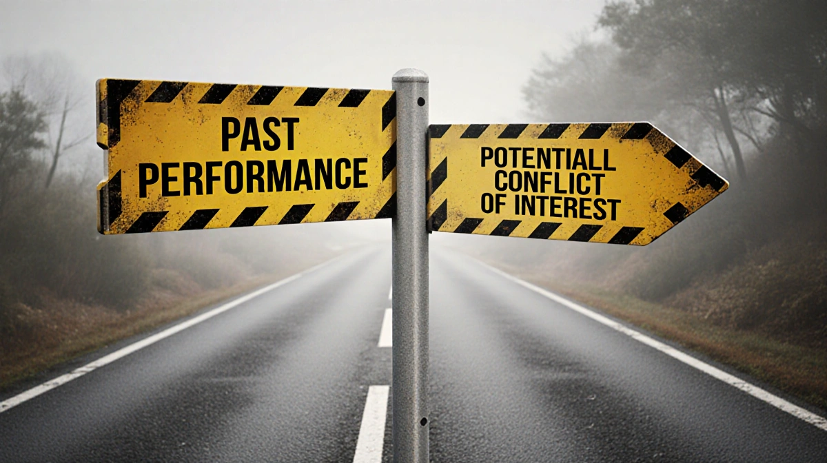 Two diverging roads split at a fork with warning signs showing past performance and conflict of interest warnings with muted 