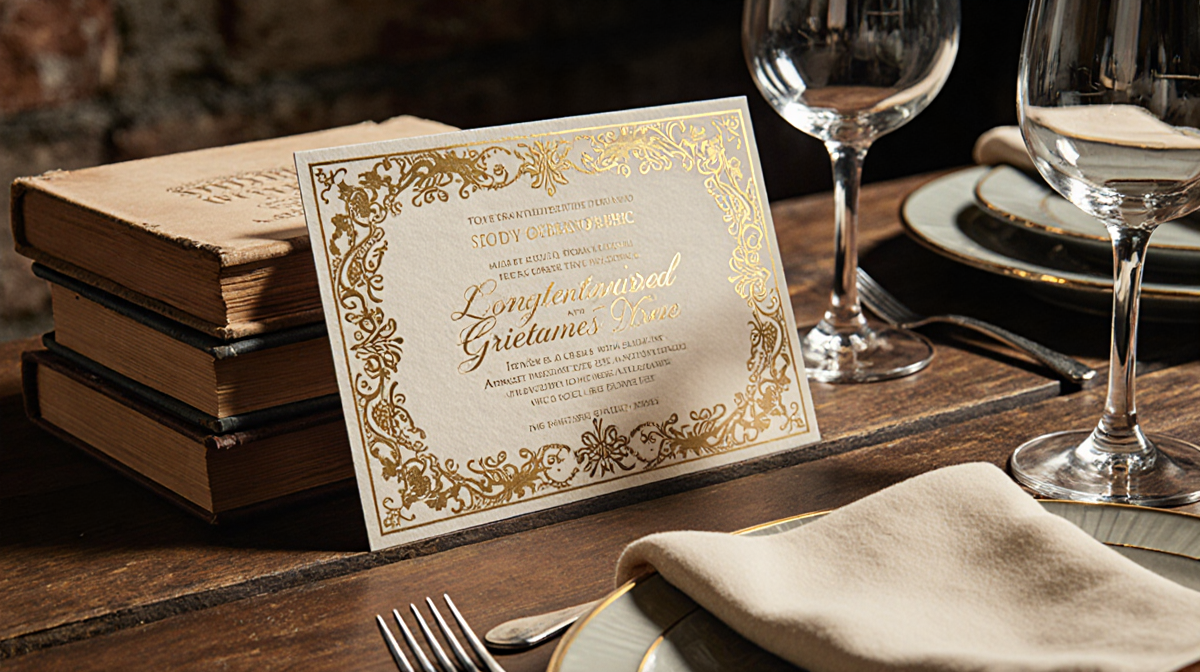 Invitation card being revealed behind stack of old books with wine glasses and plates on rustic wooden table warm luxury ligh