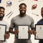 Three former NFL players stand proudly holding new career achievements with football past elements.