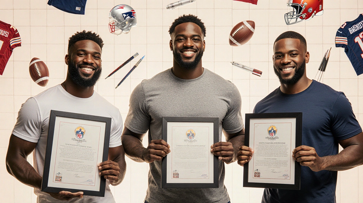 Three former NFL players stand proudly holding new career achievements with football past elements.