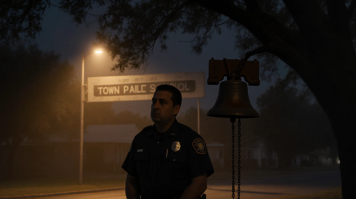 Former police officer Adrian Gonzales stands with broken school bell chain wrapped around his wrist beneath dim Uvalde sign a