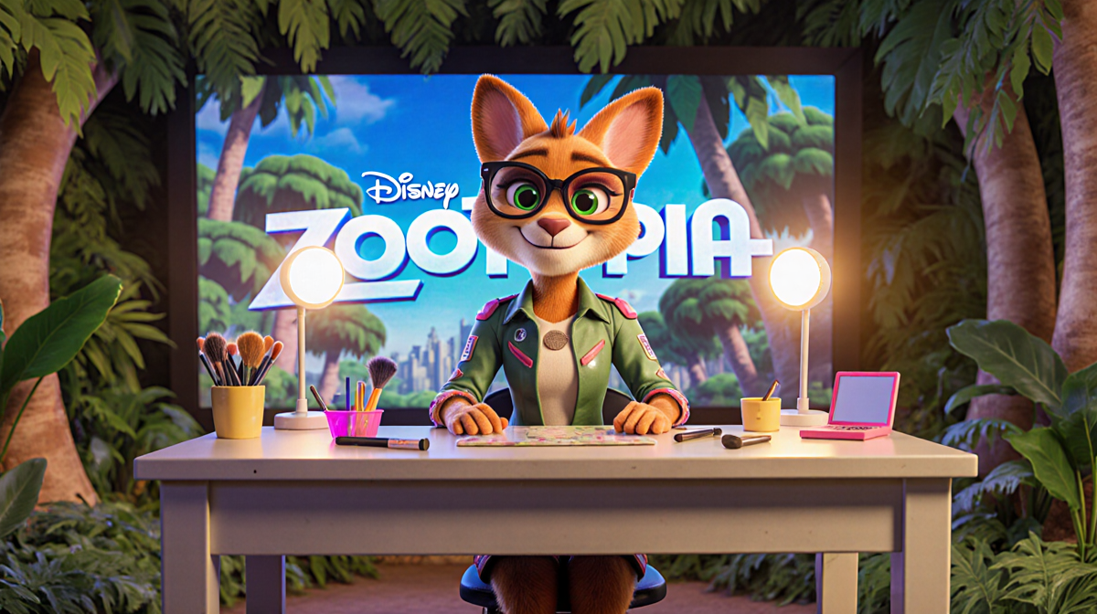 Fortune Feimster as Nibbles Maplestick sits at a desk with sunglasses while movie logo glows on jungle screen behind her.