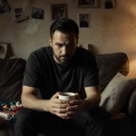Foster dad sits alone on worn couch with scattered toys and unopened gifts while holding coffee cup