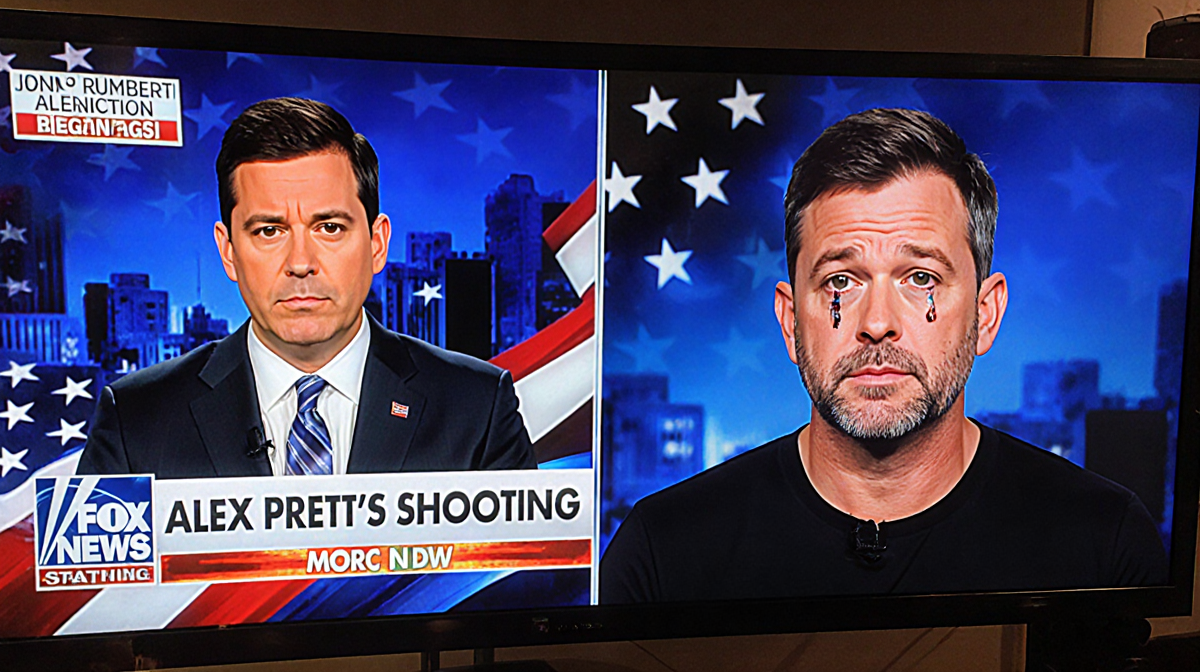 Fox News anchor reporting on Alex Pretti's shooting with American flag background while Jimmy Kimmel looks tearful