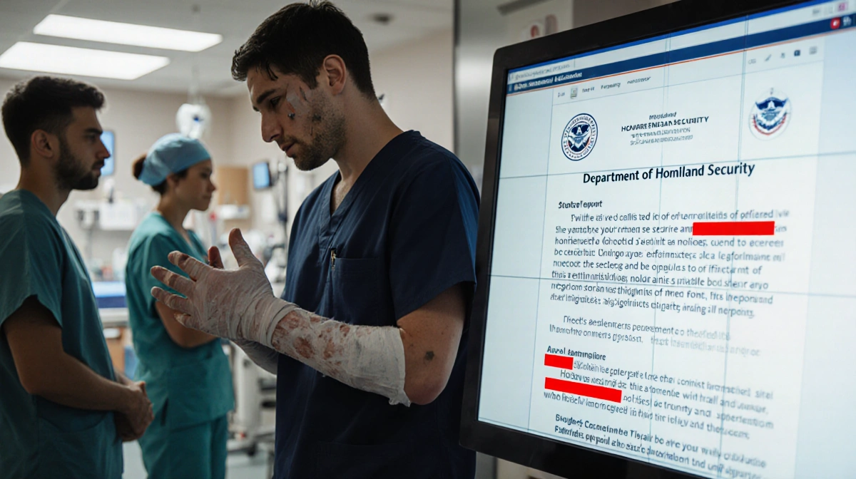Injured person stands with bandaged hands and face while friends watch with concern and official report shows redacted detail