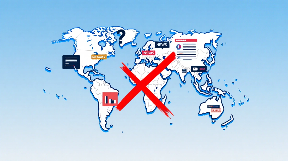 Fragmented world map marked with red X showing distorted data streams with faded lines and question marks against blue gradie