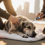 Rescuer comforting frail dog on emergency blanket with another person checking temperature and Boston skyline behind