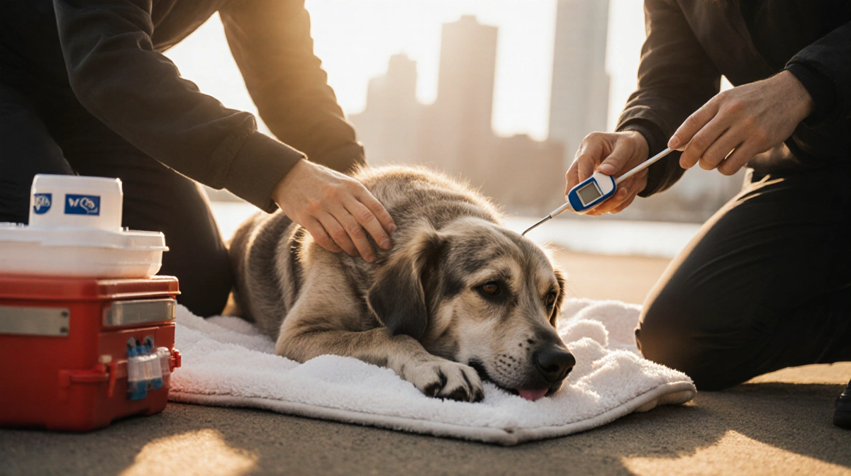 Rescuer comforting frail dog on emergency blanket with another person checking temperature and Boston skyline behind
