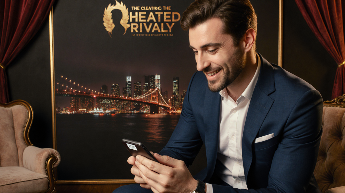 François Arnaud looks surprised at a celebrity DM on his smartphone with a luxurious backdrop and warm lighting