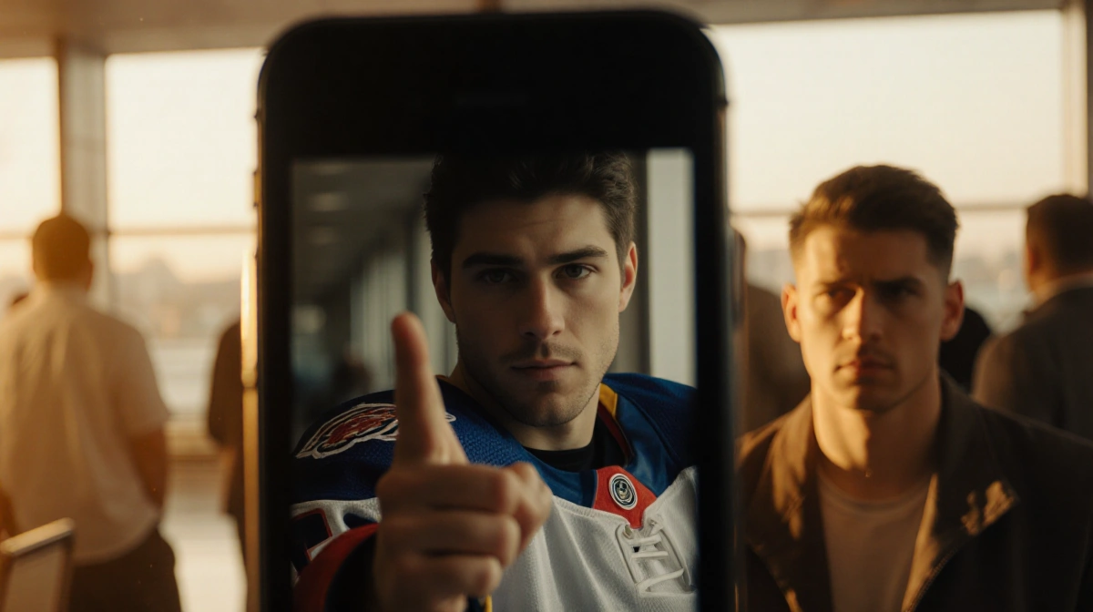 Hockey player François Arnaud flipping off camera with his reflection on phone screen and concerned face showing social media