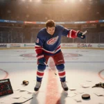 François Arnaud points at hockey rink ice with frustration and amusement while holding a marker with scattered hockey gear at