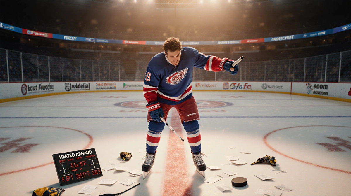 François Arnaud points at hockey rink ice with frustration and amusement while holding a marker with scattered hockey gear at