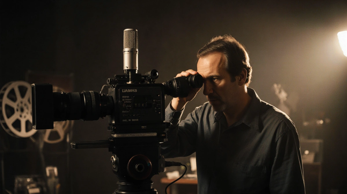 Frank Meadows reviews footage on his camera with boom mic and vintage film reels showing behind the scenes of Jaws