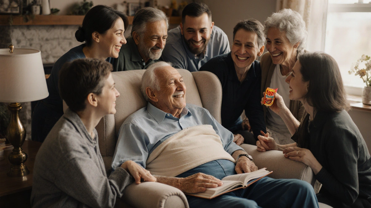 Frank Olivieri Sr. sits with family surrounding him and memory books nearby in a warm room