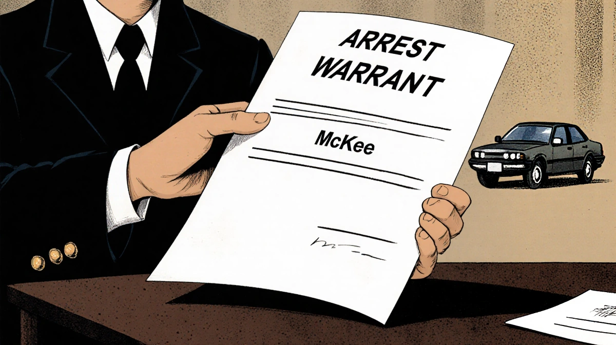 Detective reviewing arrest warrant with McKee name visible and courthouse background
