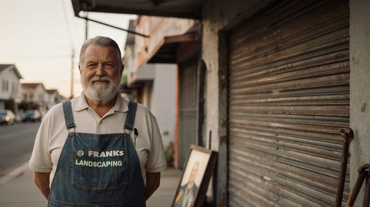 Franks Landscaping owner standing in front of closed business with faded family photo and gardening tool showing nostalgic ex