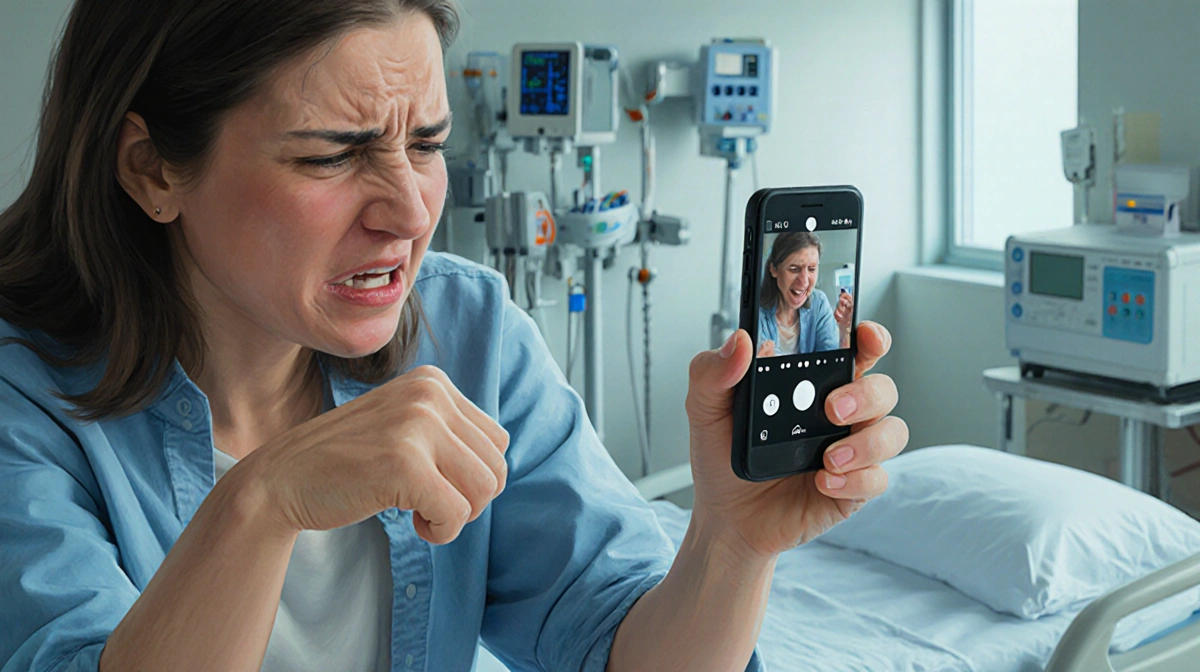 Woman filming video with shaking hands and forced calm expression with hospital birthing bed visible through window