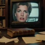 Maris Crane gazes through study window with vintage books and flickering Frasier TV behind cluttered desk