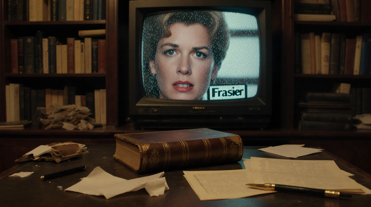 Maris Crane gazes through study window with vintage books and flickering Frasier TV behind cluttered desk