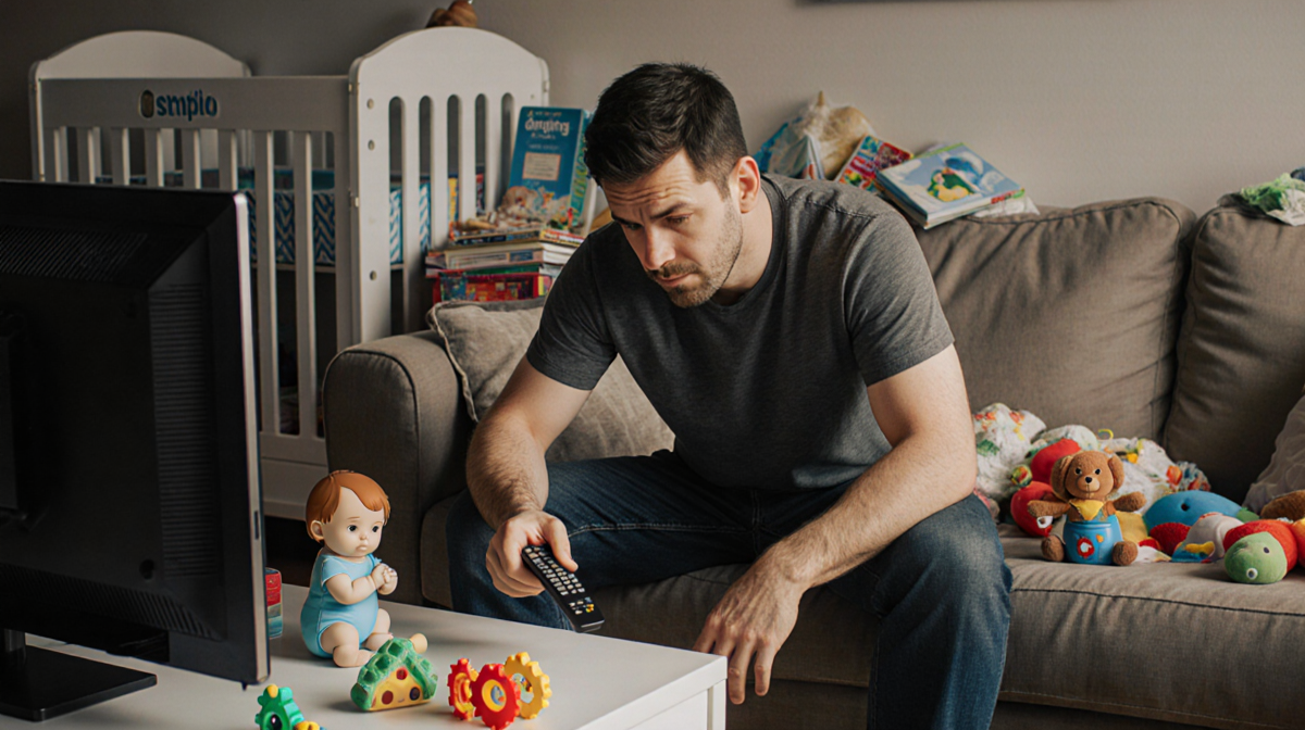 Father sits on couch holding remote with baby toys and books around and a messy diaper station in the background