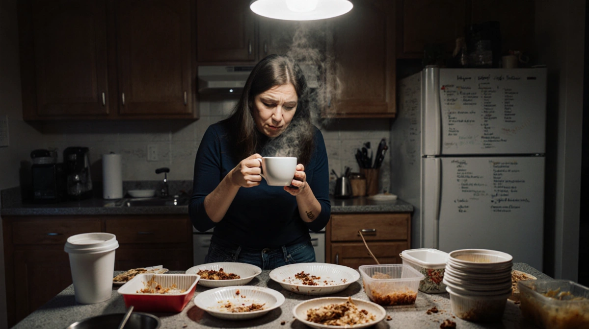 Exhausted mom stands in messy kitchen with coffee cup and rejected takeout while dirty dishes pile up