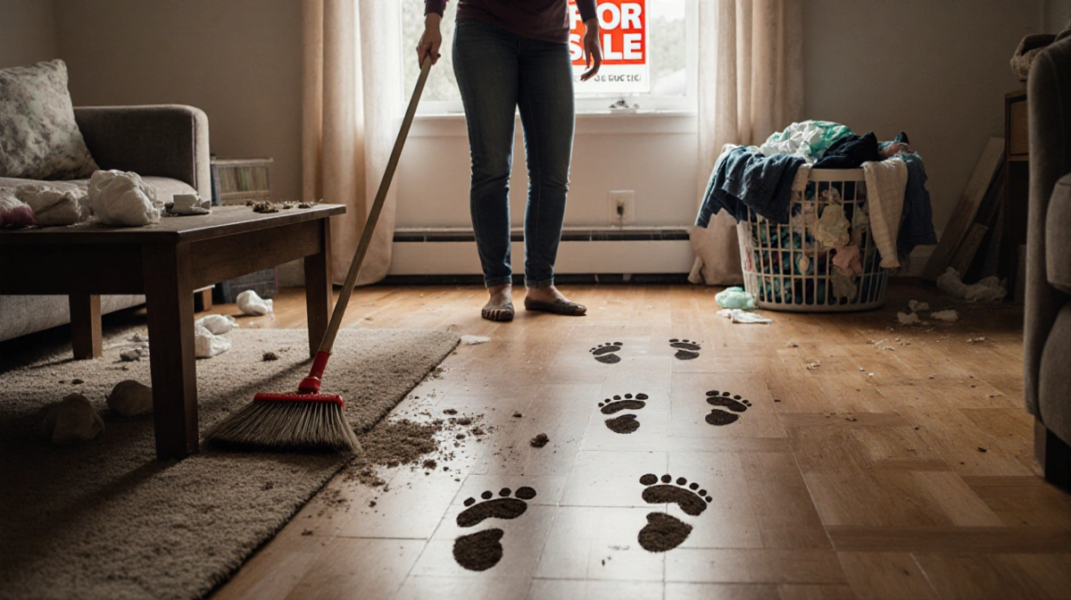 Overwhelmed mom stands in messy living room with dirty footprints on floor and overflowing laundry basket