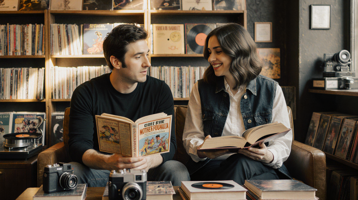 Fred Armisen and Carrie Brownstein chat with vintage Portlandia book and indie bookstore shelves near warm golden lighting