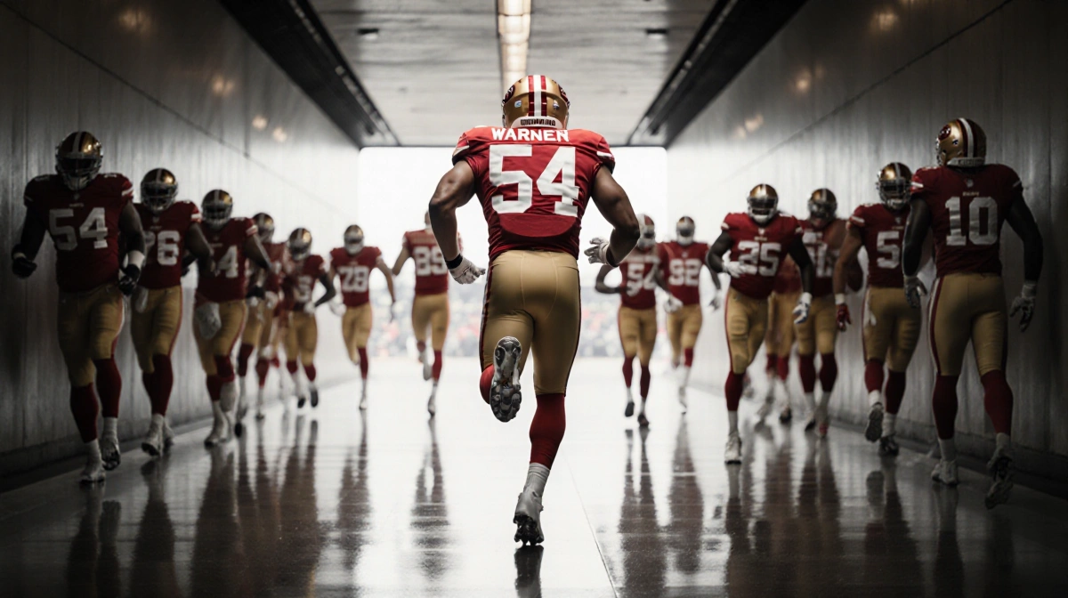 Fred Warner sprinting through stadium tunnel with jersey 54 visible and teammates behind
