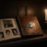 Worn leather photo album rests on dusty shelf with Freddie Mercury