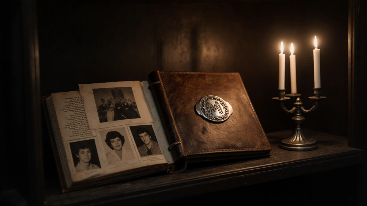 Worn leather photo album rests on dusty shelf with Freddie Mercury