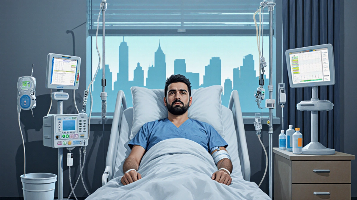 Frederico lying in a hospital bed with IV tubes and a glowing radiation hint and the Boston skyline visible through window