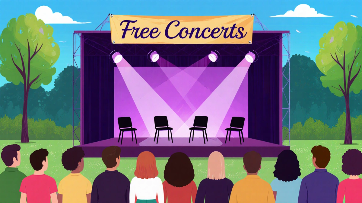 Outdoor concert stage with four empty chairs under spotlights and free concerts banner above excited diverse crowd