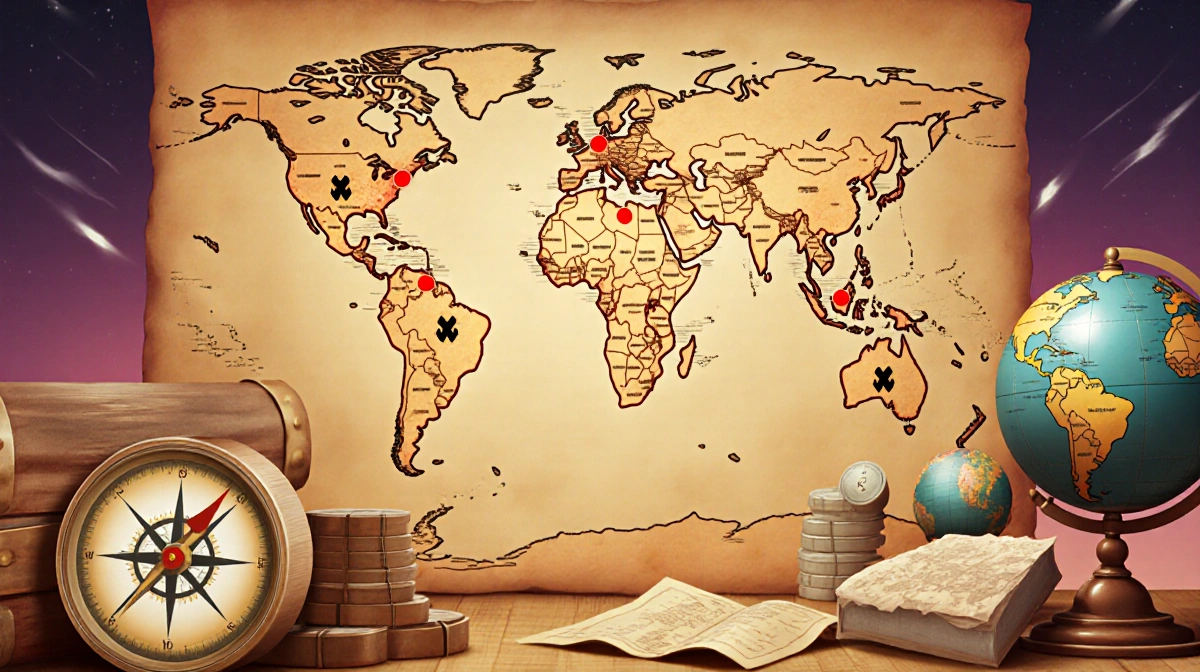 Treasure map showing free double XP token locations with compass and world map in background