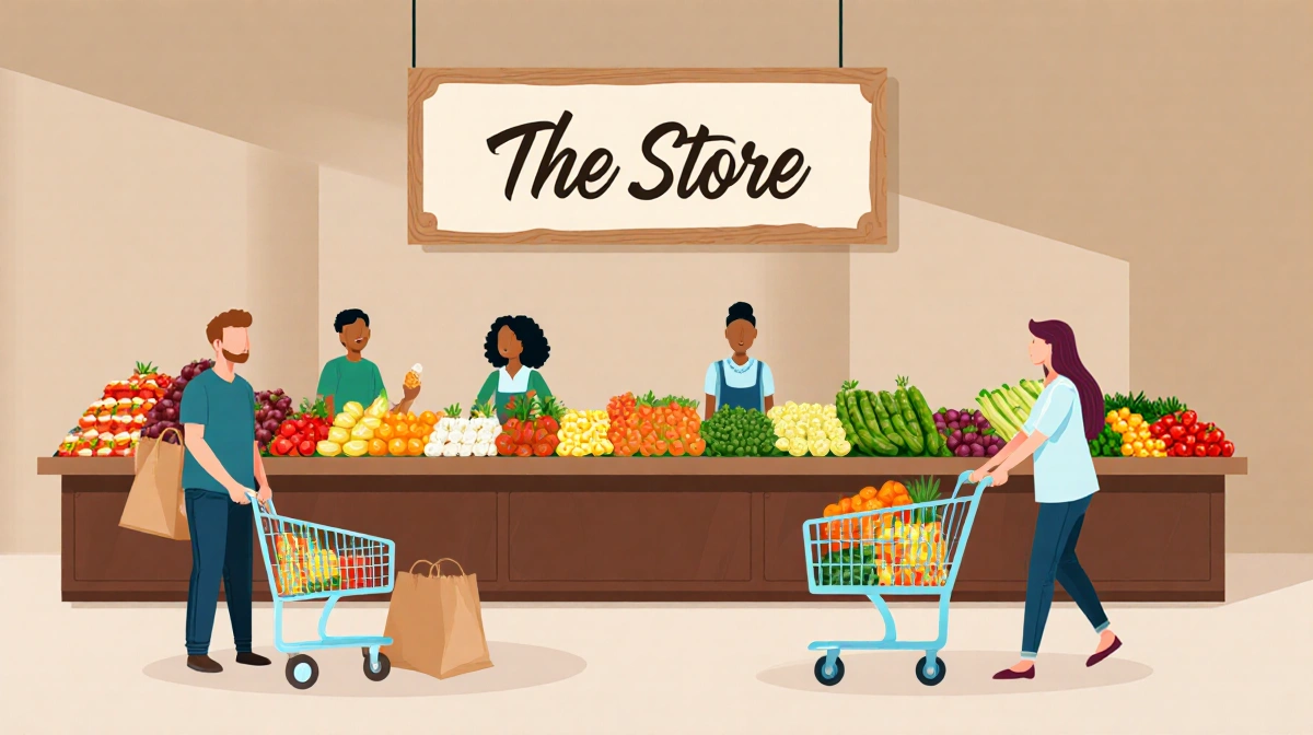Shoppers selecting free groceries at The Store checkout counter with vibrant produce displays and browsing customers in backg