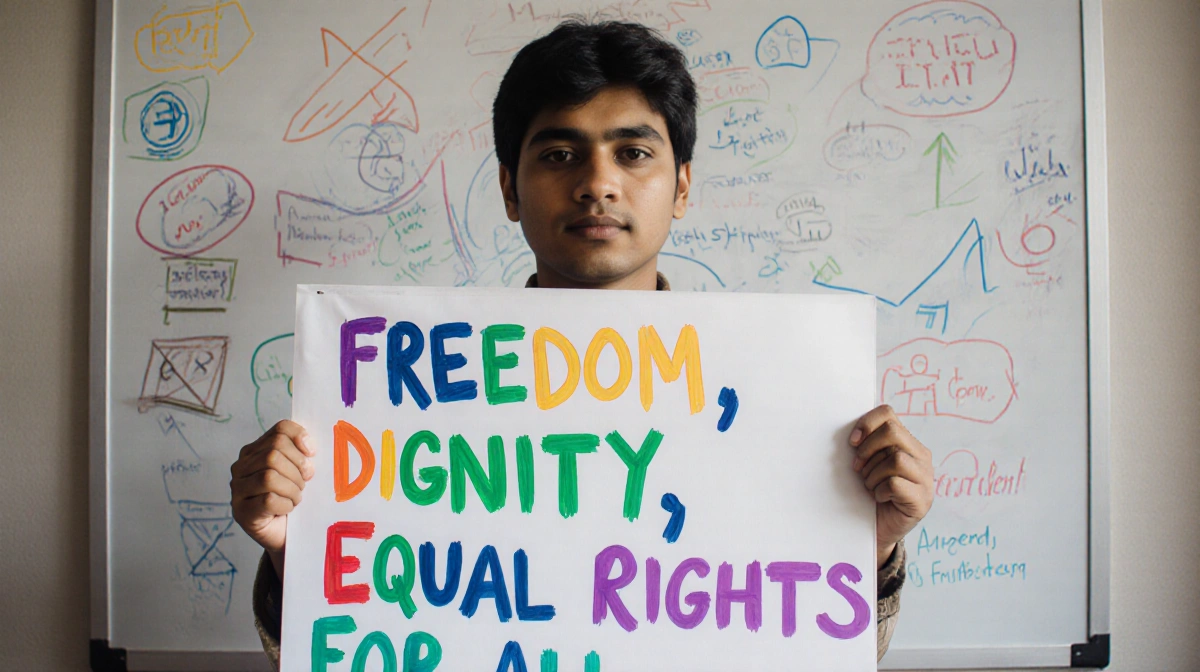 Activist holding sign reading Freedom Dignity Equal Rights for All with handwritten notes on chalkboard behind