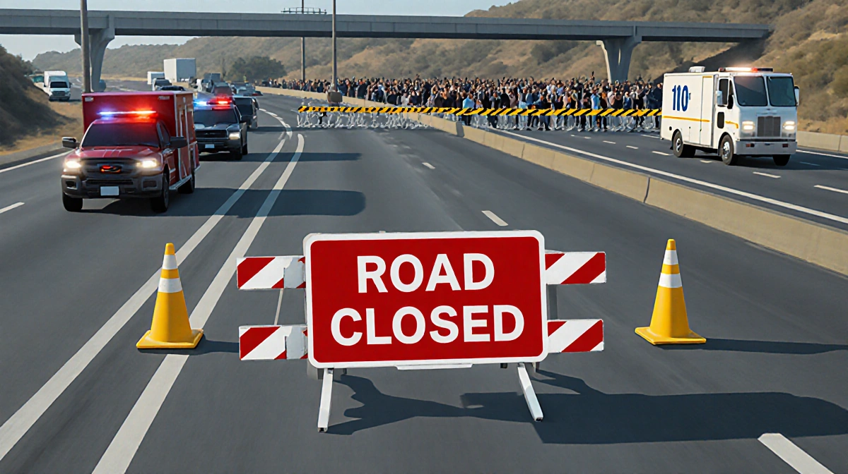 Emergency vehicles parked with flashing lights and a red road closed sign near a crowd behind a safety barrier